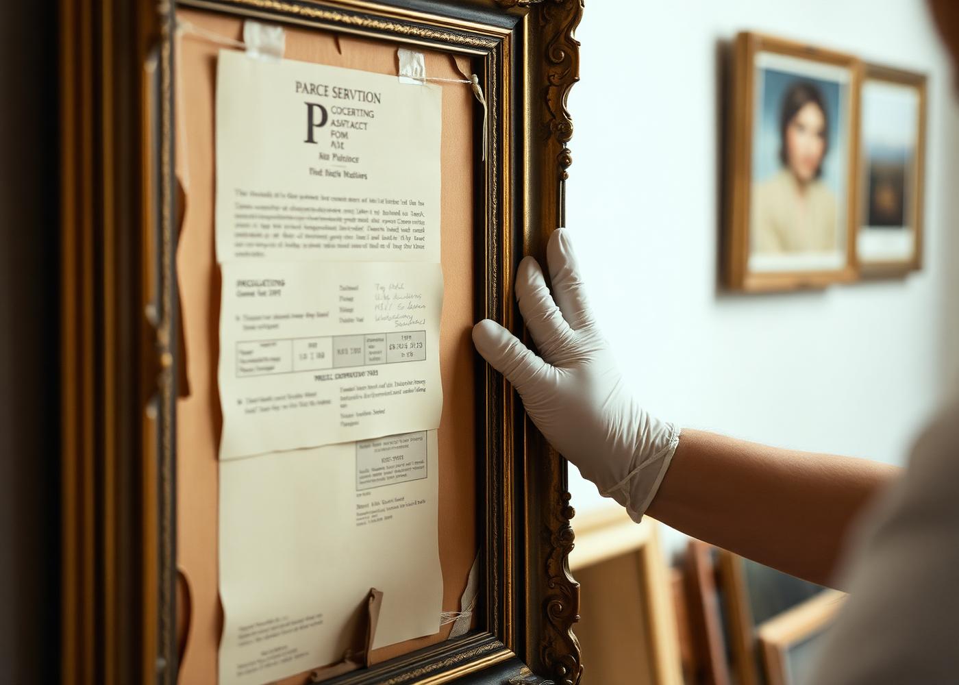 A conservator examining the provenance documentation on the verso of a framed painting